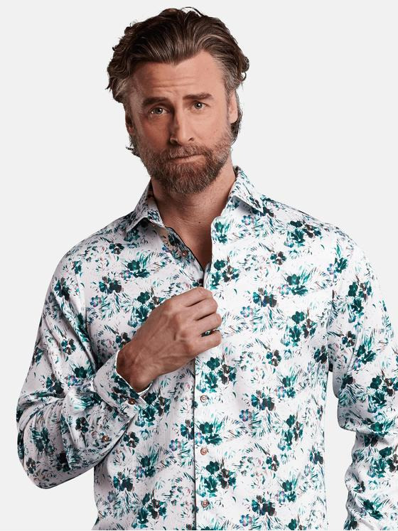 ENGBERS GERMANY Herren Langarmhemd mit modischem All-Over Druck Petrolgruen 29785