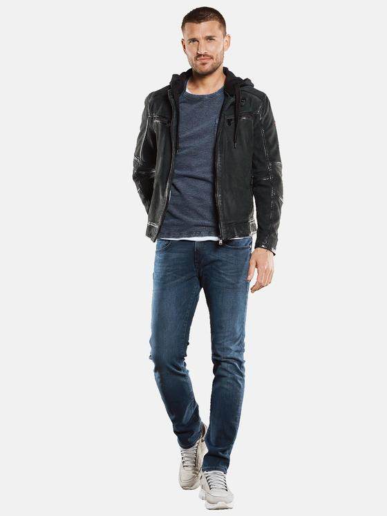emilio adani Herren Lederjacke mit abnehmbarer Kapuze Blau 33303
