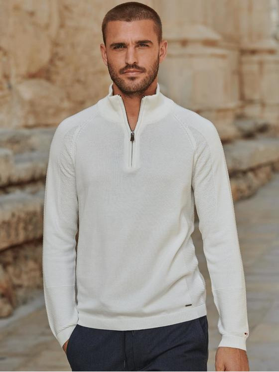 emilio adani Herren Pullover mit Polo-Kragen Weiß 36075