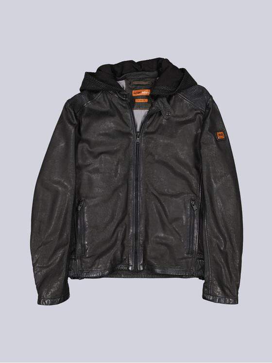 emilio adani Herren Lederjacke mit abnehmbarer Kapuze Schwarz 39084