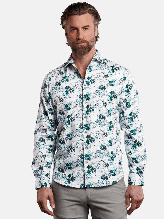 ENGBERS GERMANY Herren Langarmhemd mit modischem All-Over Druck Petrolgruen 29785