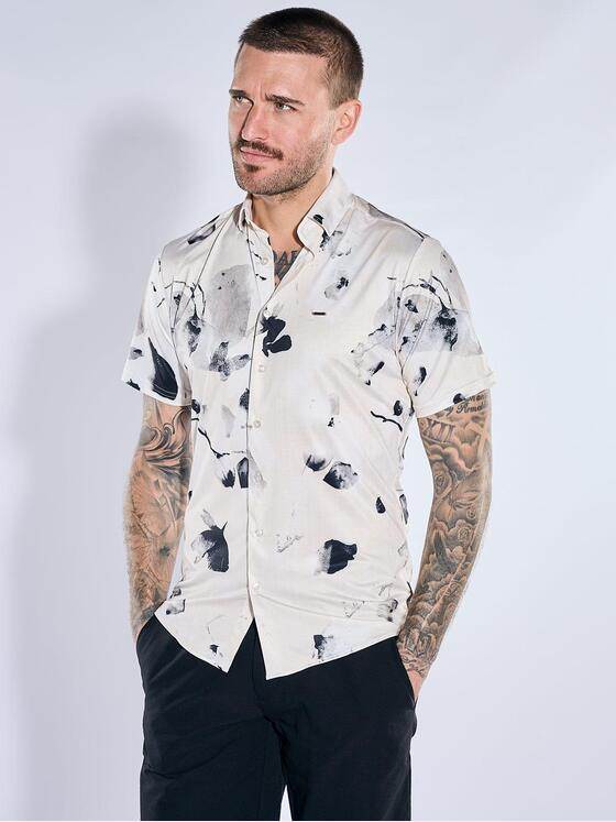 emilio adani Herren Jersey-Kurzarmhemd mit Print Beige 40731