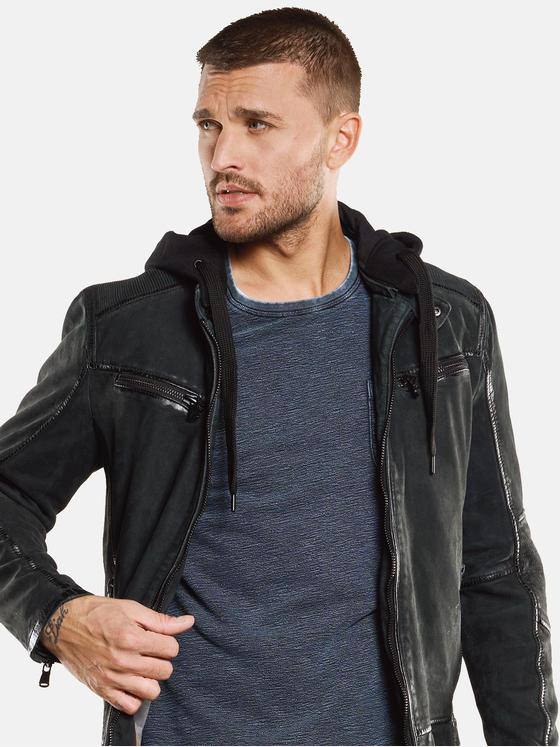 emilio adani Herren Lederjacke mit abnehmbarer Kapuze Blau 33303