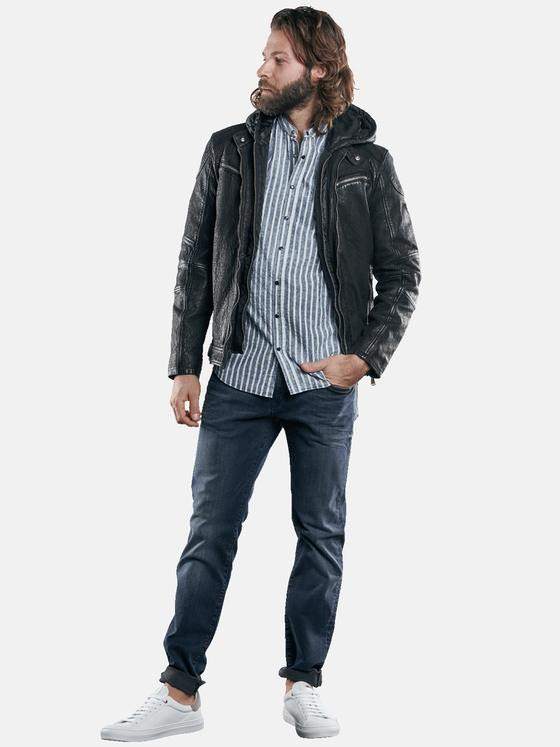emilio adani Herren Lederjacke mit abnehmbarer Kapuze Schwarz 28791