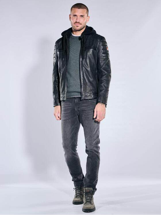 emilio adani Herren Lederjacke mit Kapuze Schwarz 39884