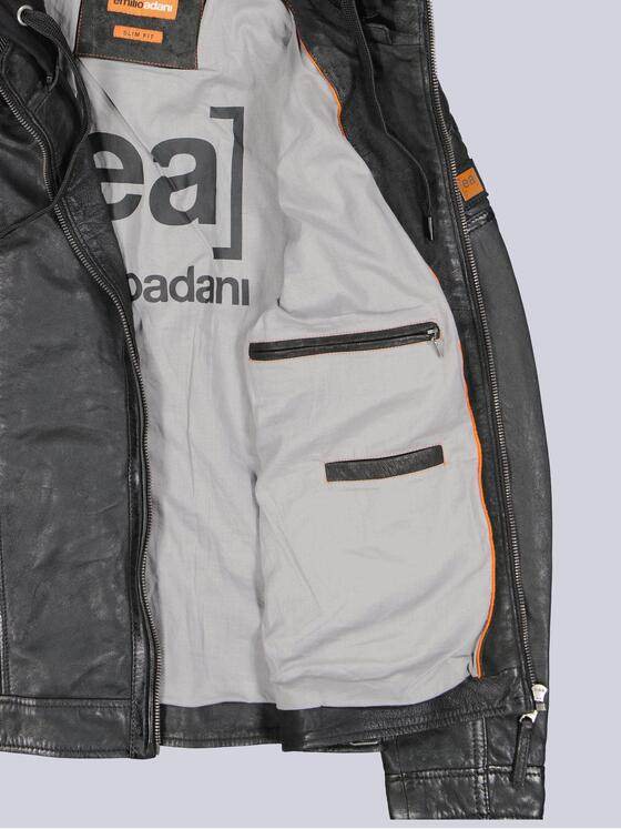 emilio adani Herren Lederjacke mit herausnehmbarer Kapuze Schwarz 40880