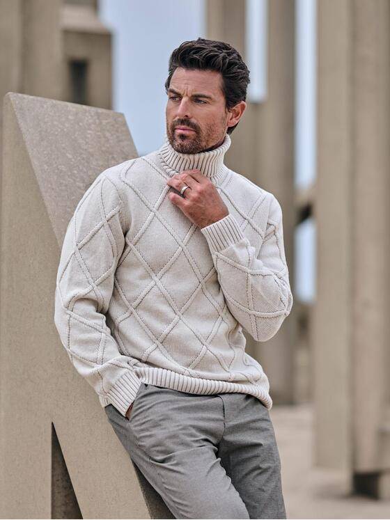 ENGBERS GERMANY Herren Rollkragen mit edlem Zopfmuster Hellgrau 39702