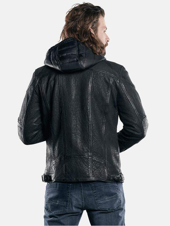 emilio adani Herren Lederjacke mit abnehmbarer Kapuze Schwarz 28791