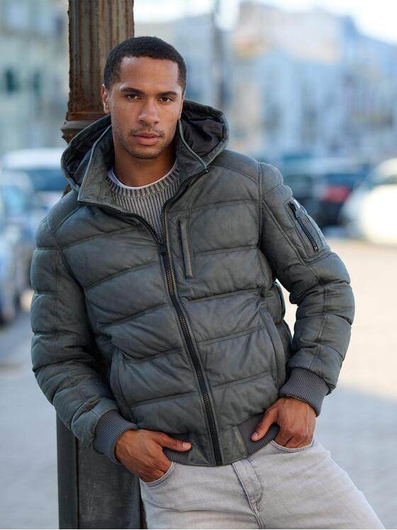 emilio adani Herren Lederjacke mit abnehmbarer Kapuze Mittelblau 39279