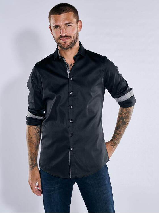 emilio adani Herren Langarm-Hemd mit Satinanteil Schwarz 39410