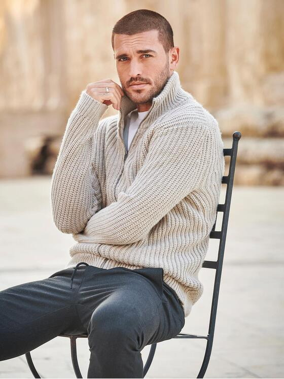 emilio adani Herren Strickjacke mit Stehkragen Beige 35756