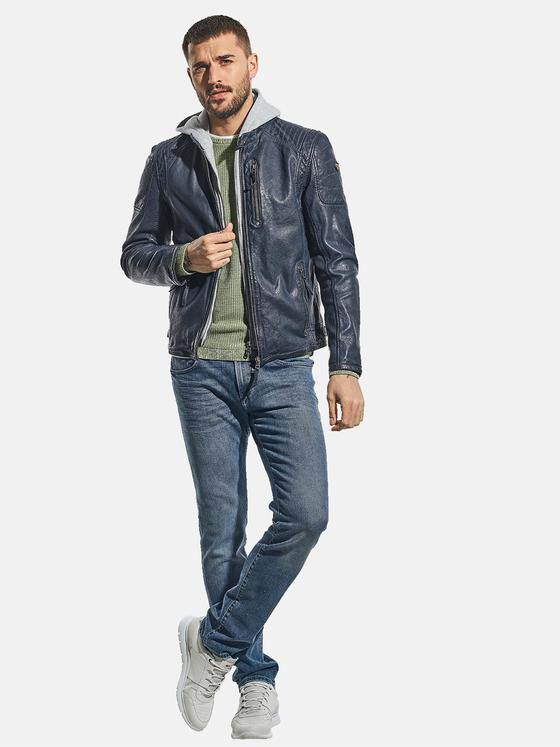 emilio adani Herren Sportive Lederjacke mit Sweatkapuze Blau 31061