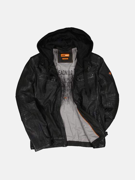 emilio adani Herren Lederjacke mit abnehmbarer Kapuze Schwarz 33304