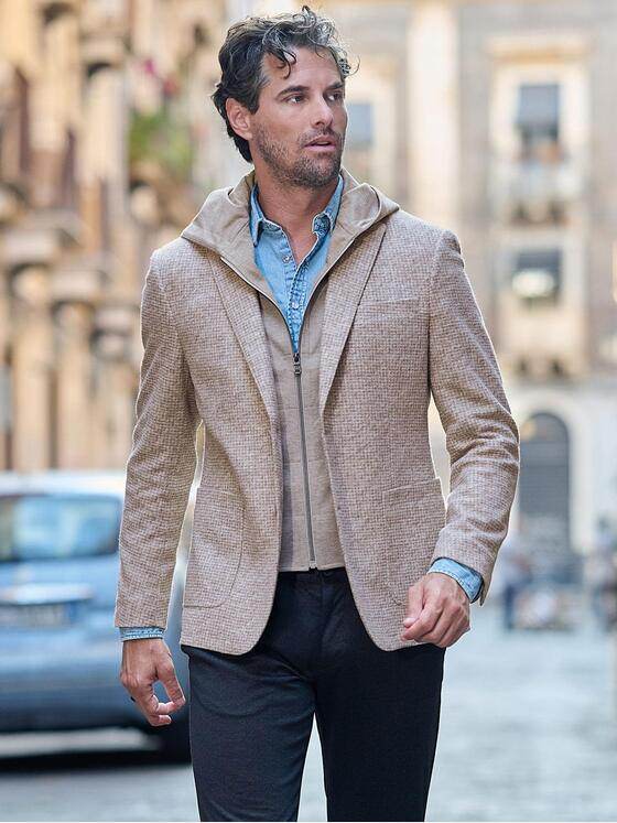 emilio adani Herren Sakko mit abnehmbarer Kapuze Beige 41087
