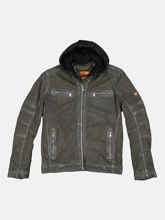emilio adani Herren Lederjacke mit abnehmbarer Kapuze Grün 33526