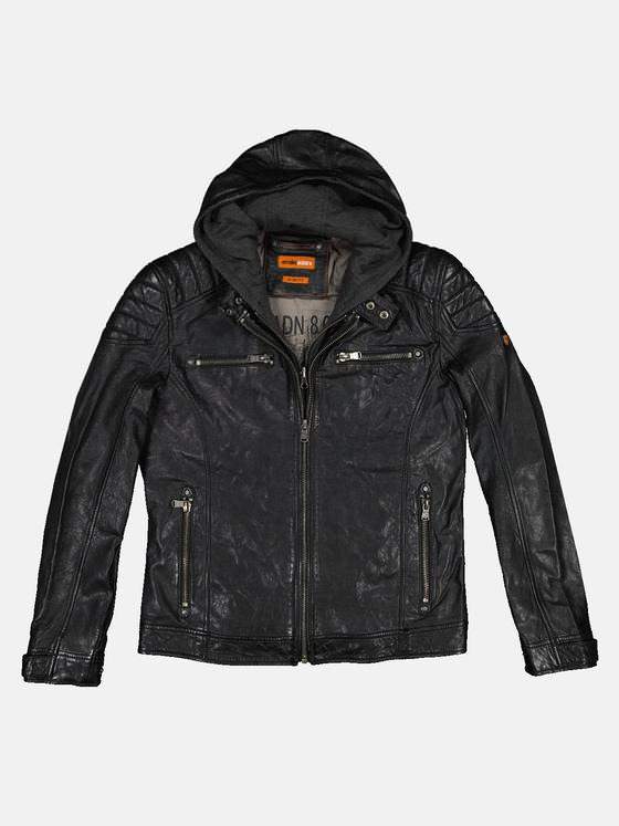 emilio adani Herren Lederjacke mit abnehmbarer Kapuze Schwarz 32415