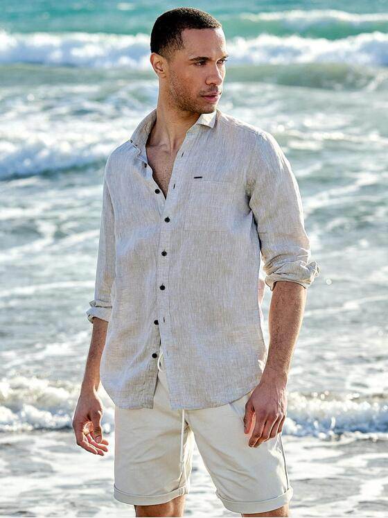 emilio adani Herren Langarm-Hemd aus Leinen Beige 38557