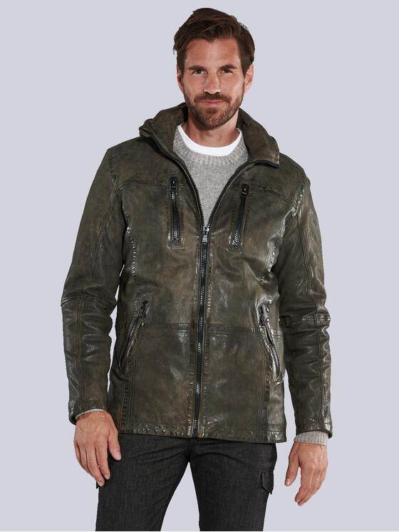 engbers Herren Lederjacke mit abnehmbarer Kapuze. Grün 35441