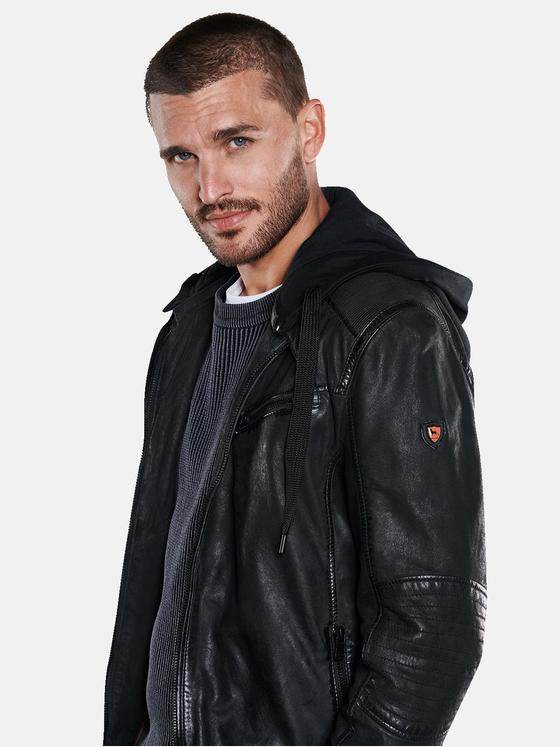 emilio adani Herren Lederjacke mit abnehmbarer Kapuze Schwarz 33304