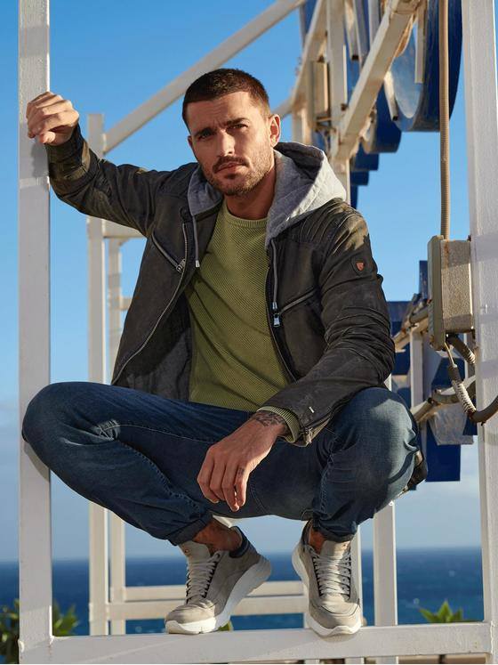 emilio adani Herren Lederjacke mit Sweat-Kapuze Braun 32570