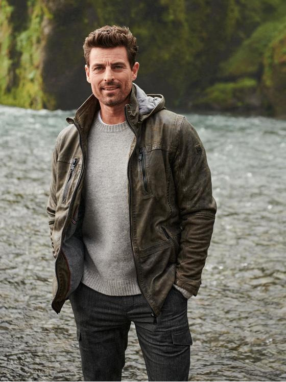 engbers Herren Lederjacke mit abnehmbarer Kapuze. Grün 35441