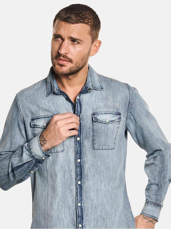 emilio adani Herren Langarm-Hemd aus Jeans-Stoff Blau 32619