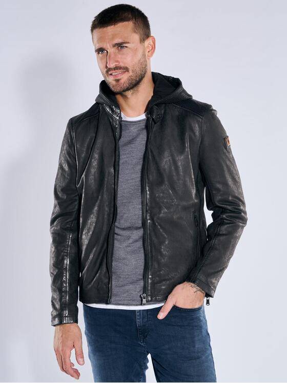 emilio adani Herren Lederjacke mit abnehmbarer Kapuze Schwarz 39084