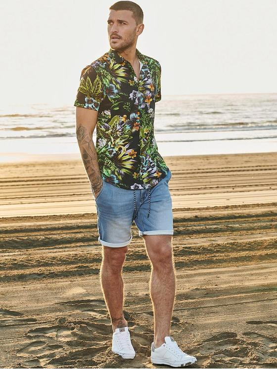 emilio adani Herren Kurzarm-Hemd mit floralem Print Gelb 33098